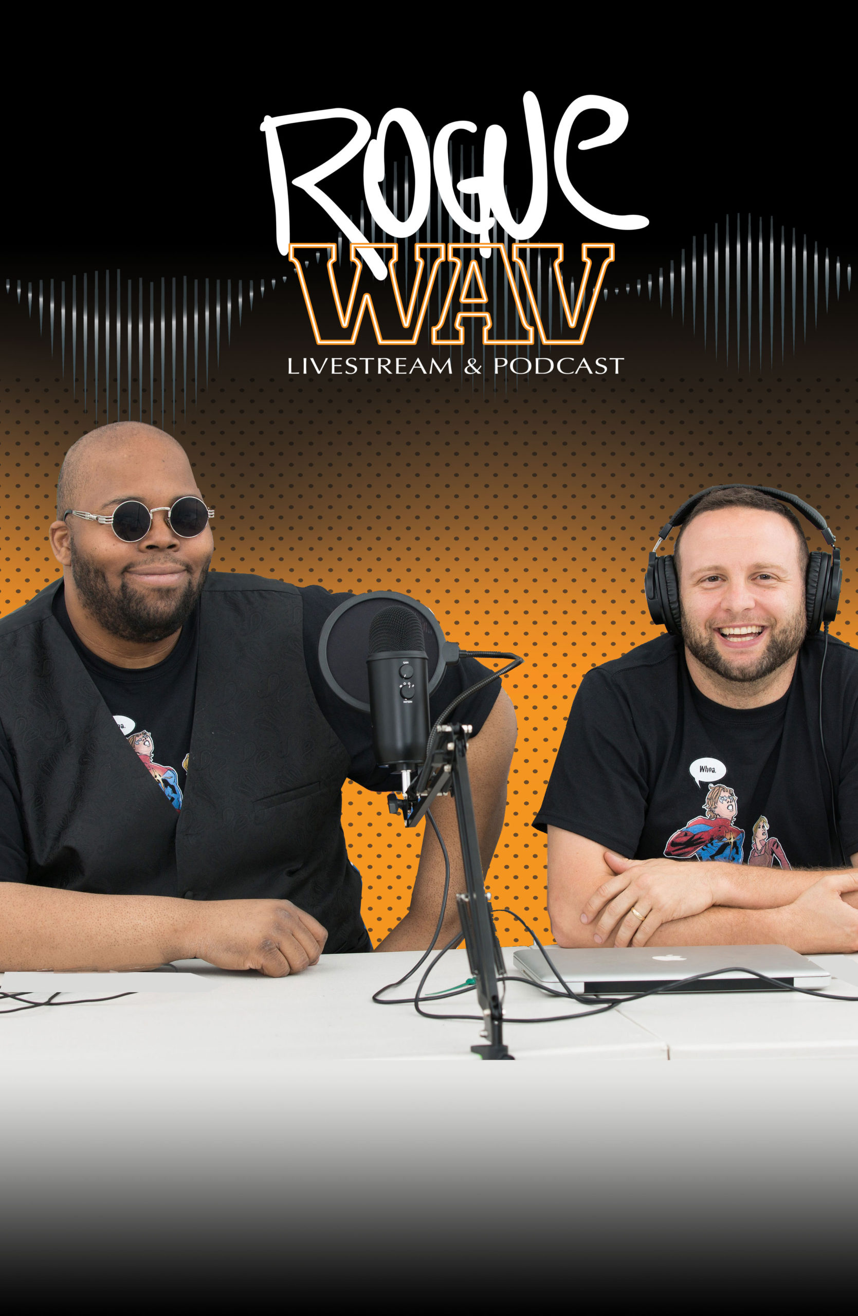 Two men sitting at a table with the words "rowe wave" on a sign in the background.