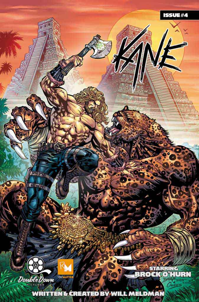 Man holding large axe on cover of Kane, intense and powerful image created by WILL MELDMAN