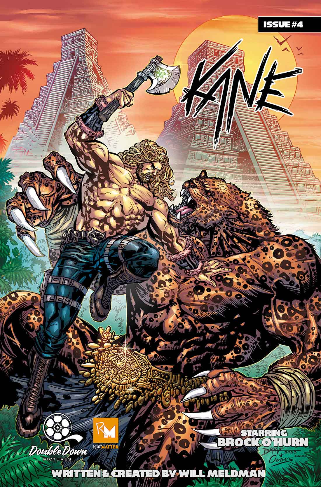 Man holding large axe on cover of Kane, intense and powerful image created by WILL MELDMAN