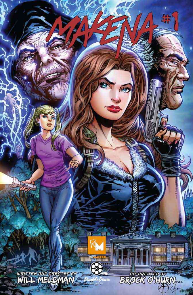 Comic book cover for "Makena 1" with two women and a man, showcasing dynamic characters in action-packed scenes written by "Will MeldMan".